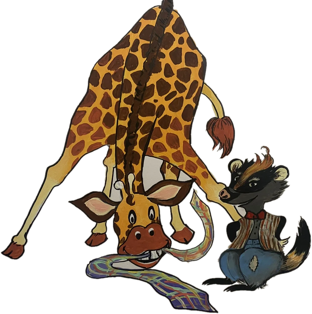 The giraffe bending down nose-to-nose with a raccoon in a striped vest