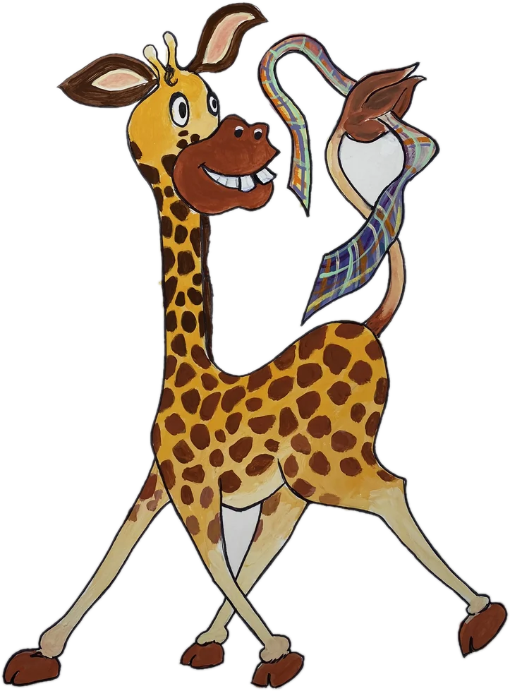 A grinning giraffe strutting in a plaid necktie