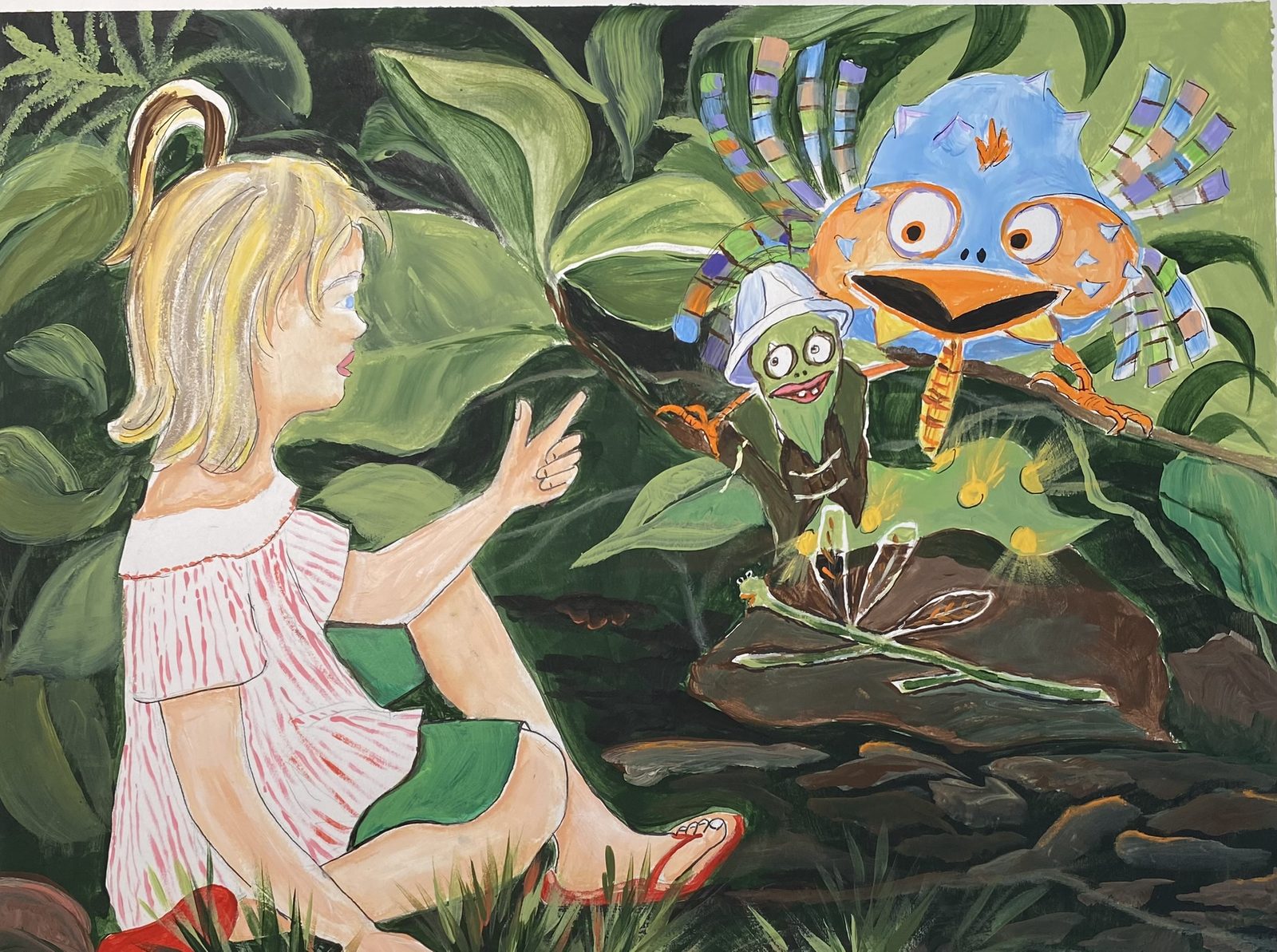 A little girl in the jungle meets Phineous and a tiny green friend in a bucket hat